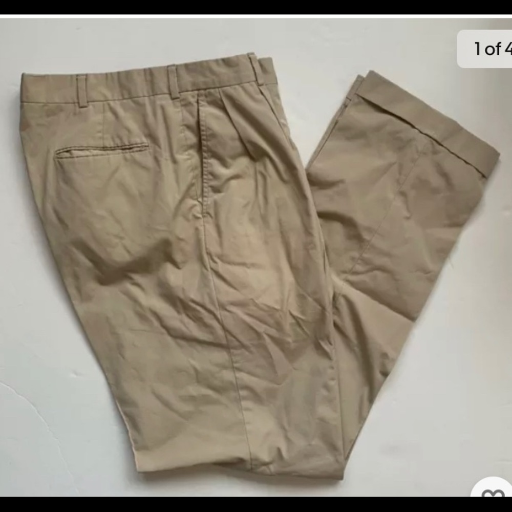 Lands End Chino Pants Mens 34x35 Tan Excellent Pleated Cuffed Made in USA Khakis